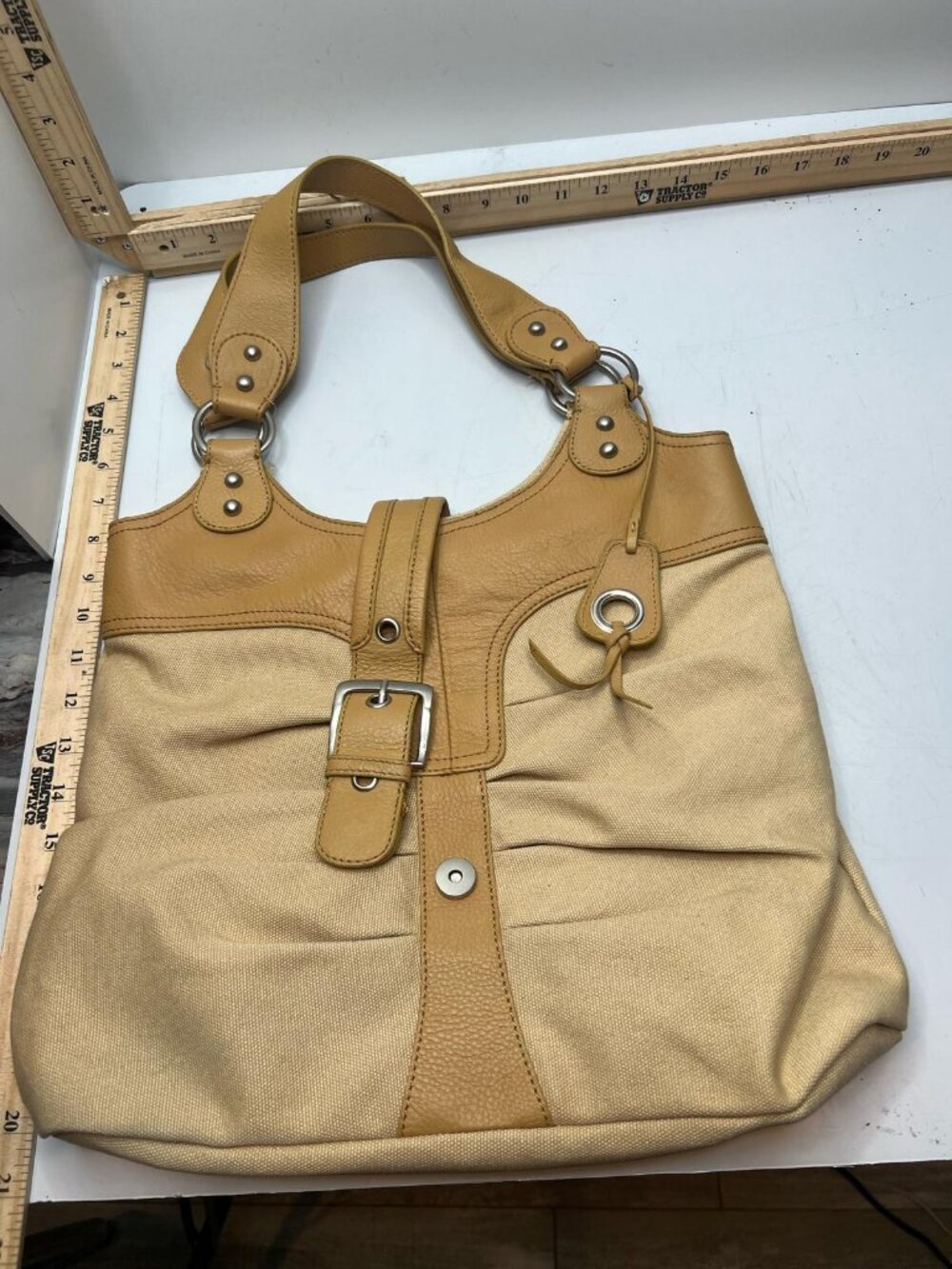 Vintage Y2K Two-Tone Canvas Leather Buckle Hobo Bag Retro Crescent Shoulder Bag